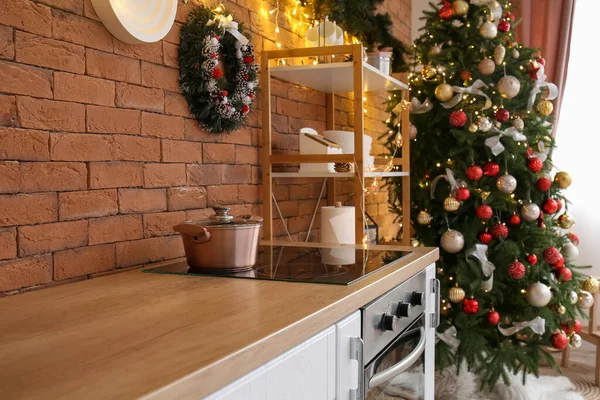 Panela Cozinha Fogão Cozinha Decorada Para Natal — Fotografia de Stock