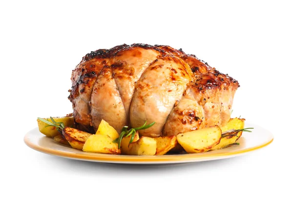 Plate Tasty Christmas Ham Potato White Background — Stock Photo, Image