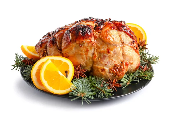 Plate Tasty Christmas Ham Fir Branches Lemon Anise White Background — Stock Photo, Image