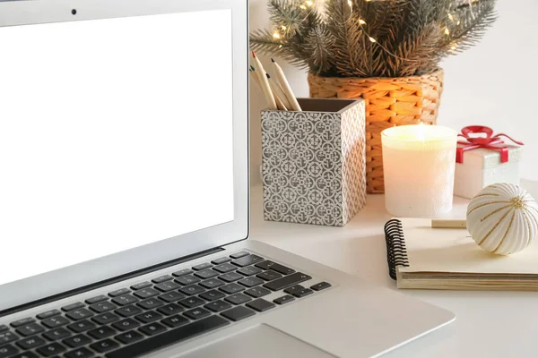 Laptop Candle Christmas Branches Table Closeup — Stock Photo, Image