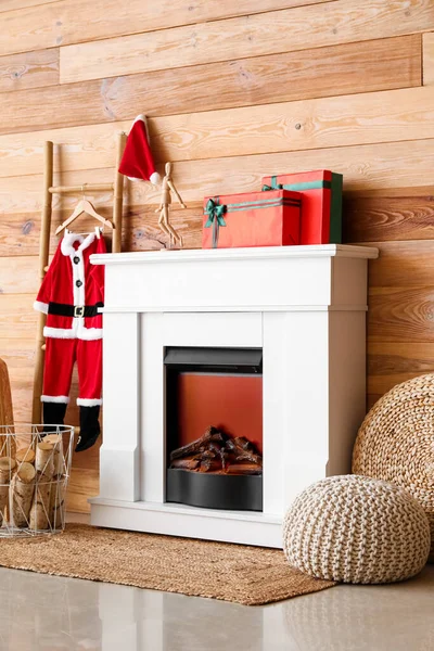 Interior Living Room Fireplace Ladder Children Santa Pajamas — Stock Photo, Image