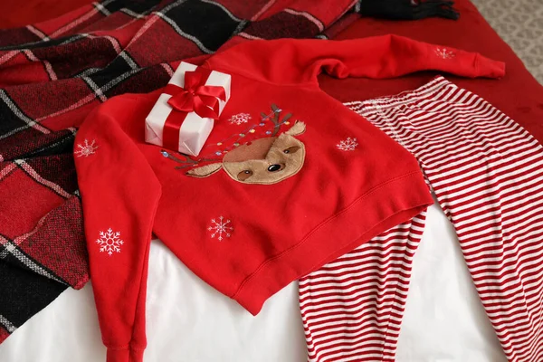 Christmas Gift Pajamas Bed Room Closeup — Stock Photo, Image