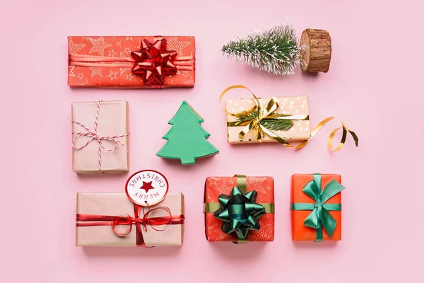 Gifts Christmas Tree Pink Background — Stock Photo, Image