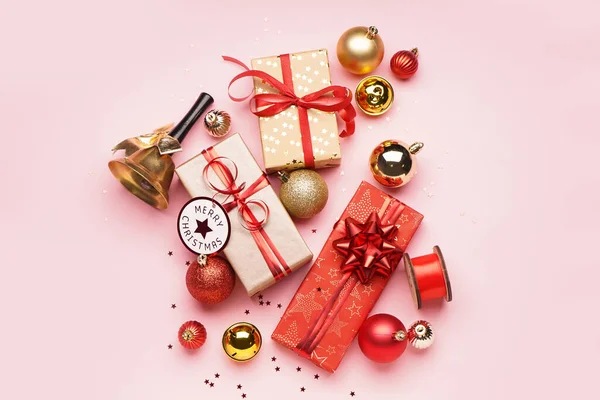 Gifts Christmas Bell Balls Pink Background — Stock Photo, Image