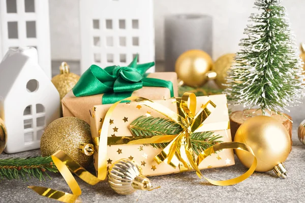 Christmas Gifts Balls Grunge Table Closeup — Stock Photo, Image