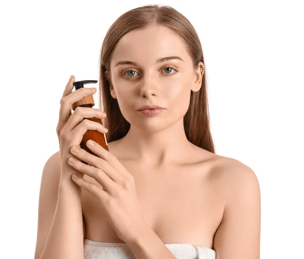Vacker Ung Kvinna Med Kosmetisk Produkt Isolerad Vit — Stockfoto