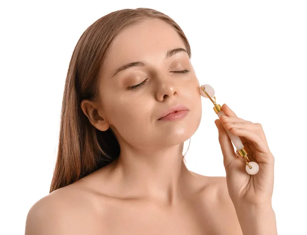 Pretty Young Woman Giving Herself Face Massage Roller White Background — Stock Photo, Image