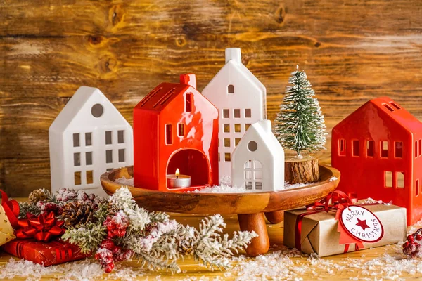 Stylish Candle Holders Christmas Gifts Decor Wooden Background — Stock Photo, Image