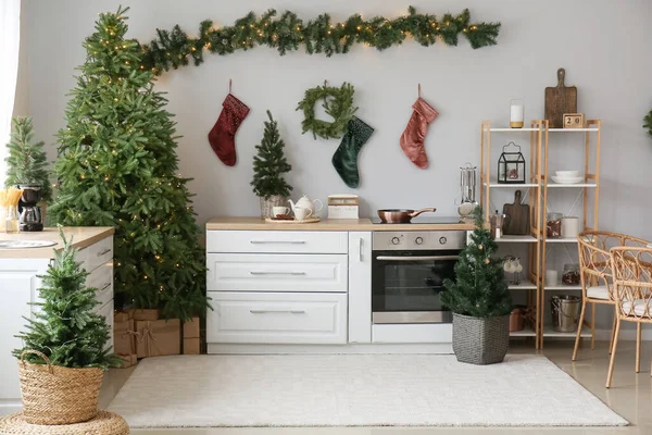 Interior Kitchen Christmas Trees White Counters Socks — Stock Photo, Image