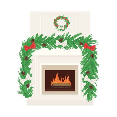 Beyaz arka planda Noel dekorlu şömine