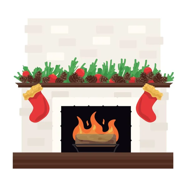 stock vector Fireplace with Christmas decor and socks on white background