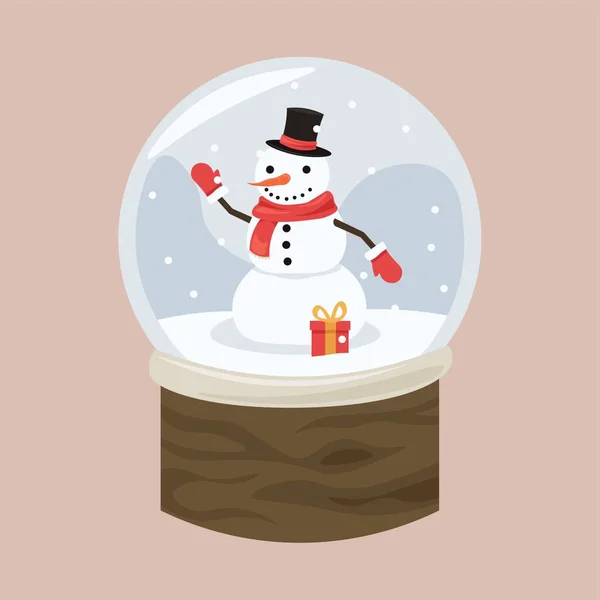Schneekugel Mit Schneemann Und Weihnachtsgeschenk Innen Auf Farbigem Hintergrund — Stockvektor