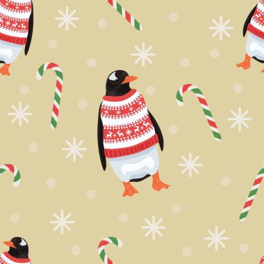 Penguenlerin süveter ve baston şekerlerle dizayn edildiği Noel deseni