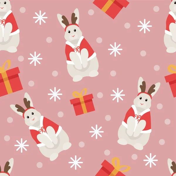 Christmas Pattern Design Bunnies Santa Costumes Gifts — Stock Vector