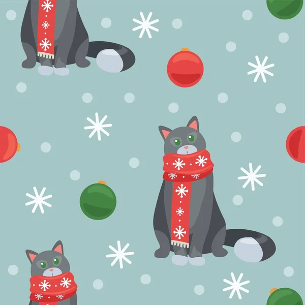 Modello Natale Design Con Gatti Con Sciarpe Palle — Vettoriale Stock