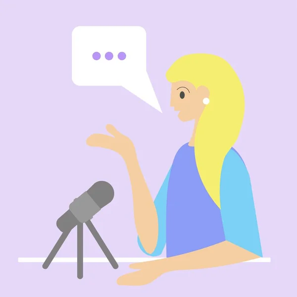 Μιλώντας Θηλυκό Podcaster Μικρόφωνο Λιλά Φόντο — Διανυσματικό Αρχείο