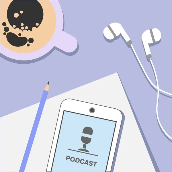 Κινητό Τηλέφωνο Ανοιχτή Podcast Playlist Ακουστικά Μολύβι Και Φλιτζάνι Καφέ — Διανυσματικό Αρχείο
