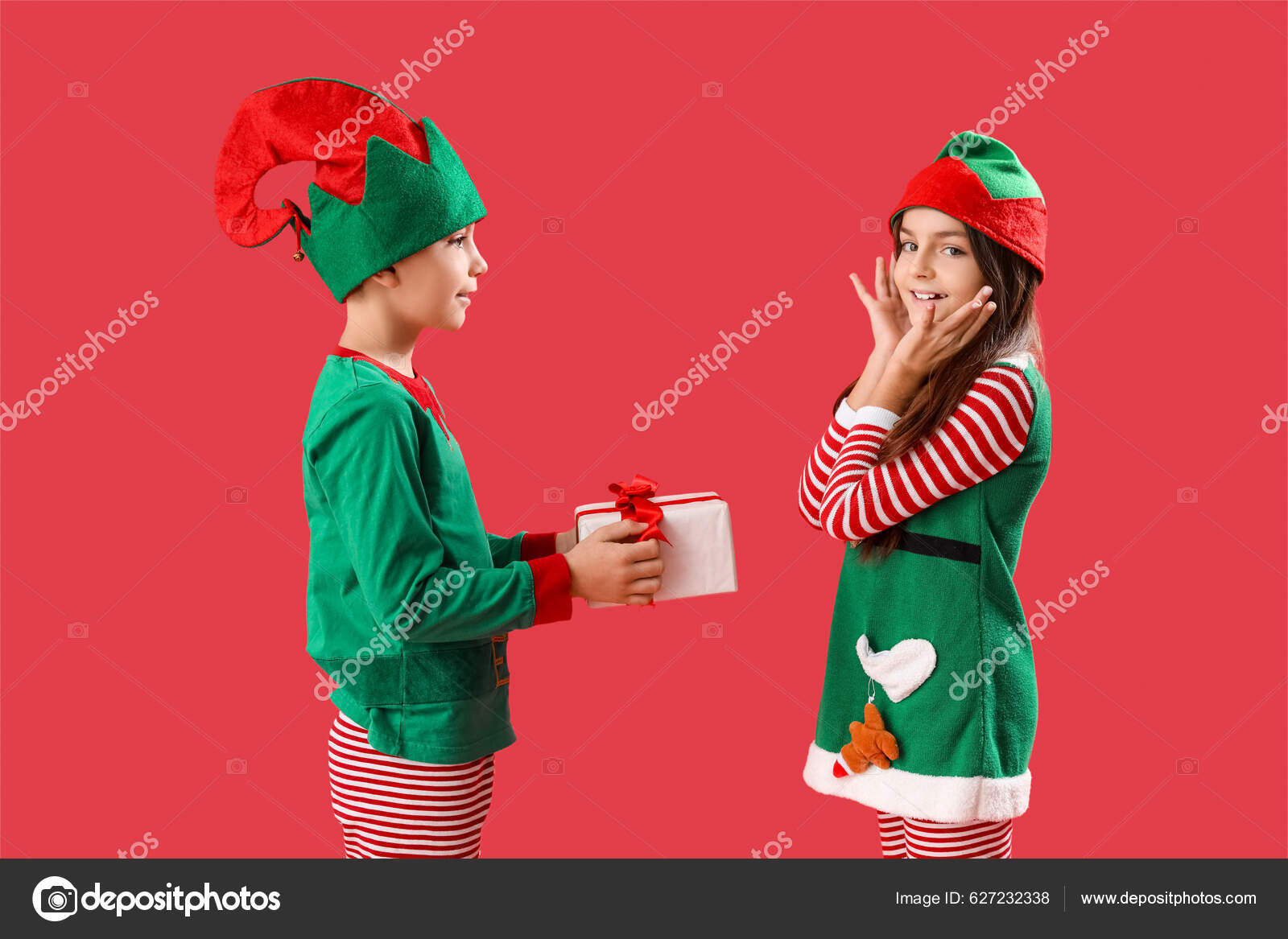 Little Boy Elf Pajamas Greeting His Sister Christmas Gift Red Stock