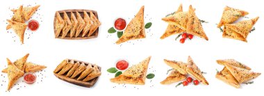 Beyaz arkaplanda lezzetli Özbek samsa koleksiyonu