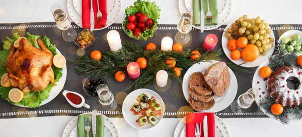 Dining Table Served Festive Christmas Dinner Top View — Stock Photo, Image