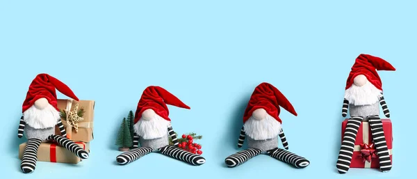 Collage Cute Christmas Gnome Gifts Decorations Blue Background — Stock Photo, Image
