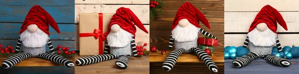 Collage Cute Christmas Gnome Gifts Decorations Wooden Background — Stock Photo, Image