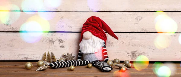 Christmas Gnome Decorations Wooden Background — Stock Photo, Image