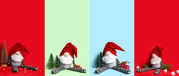 Collage Cute Christmas Gnome Decorations Color Background — Stock Photo, Image