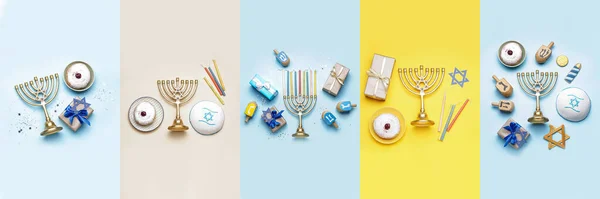 Collage Met Verschillende Symbolen Van Hannukah Geschenken Kleur Achtergrond — Stockfoto