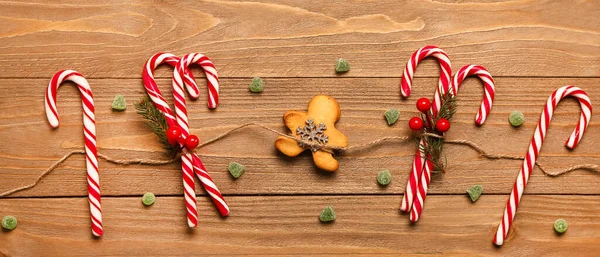 Composition Christmas Candy Canes Cookie Wooden Background — Stock Photo, Image
