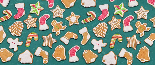 Many Different Christmas Cookies Green Background Pattern Design — Stock Photo, Image