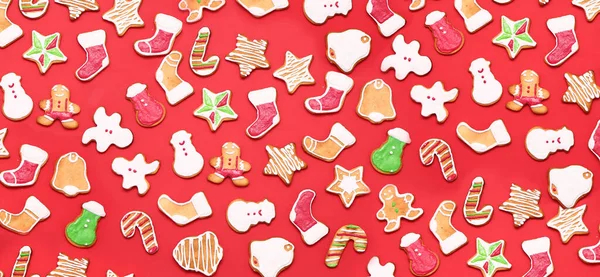 Many Different Christmas Cookies Red Background Pattern Design — Stock Photo, Image
