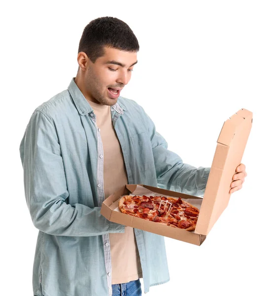 Surprised Young Man Holding Box Fresh Pizza White Background — Stock Photo, Image