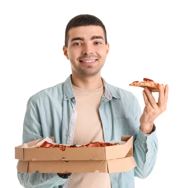 Handsome Young Man Eating Fresh Pizza White Background — Stock Photo, Image