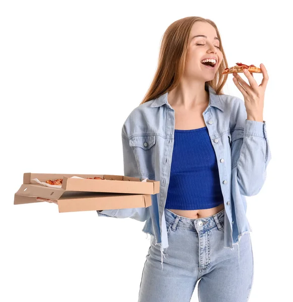 Красивая Молодая Женщина Ест Свежую Пиццу Белом Фоне — стоковое фото
