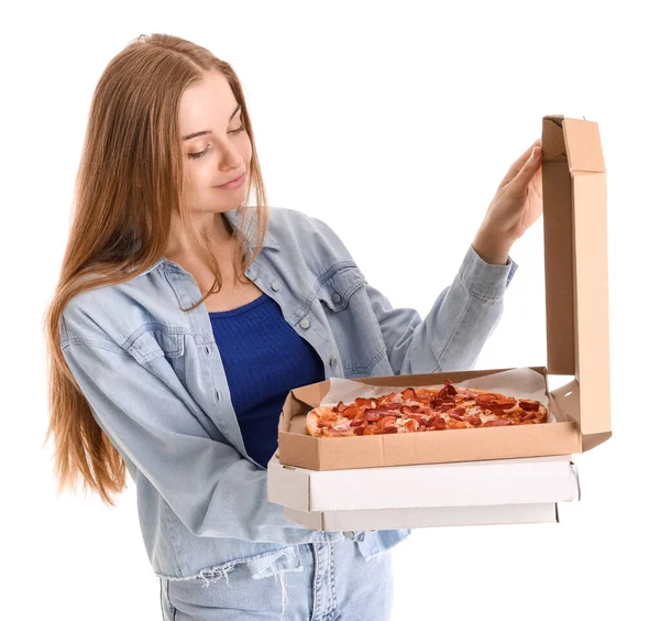 Beautiful Young Woman Holding Boxes Fresh Pizza White Background — Stock Photo, Image