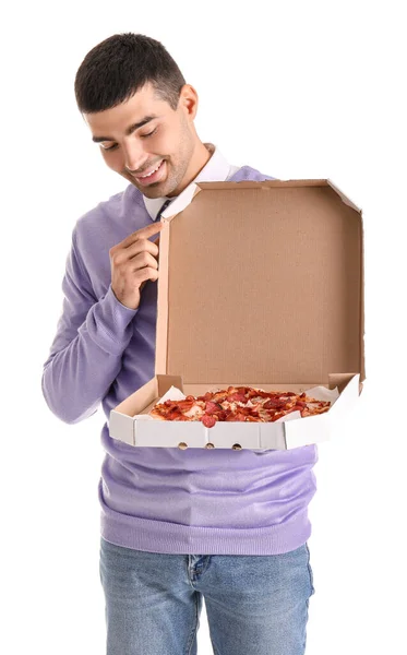 Handsome Young Man Holding Box Fresh Pizza White Background — Stock Photo, Image