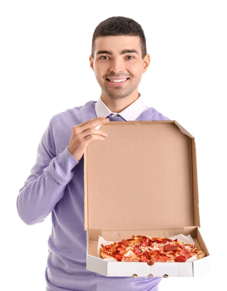Handsome Young Man Holding Box Fresh Pizza White Background — Stock Photo, Image