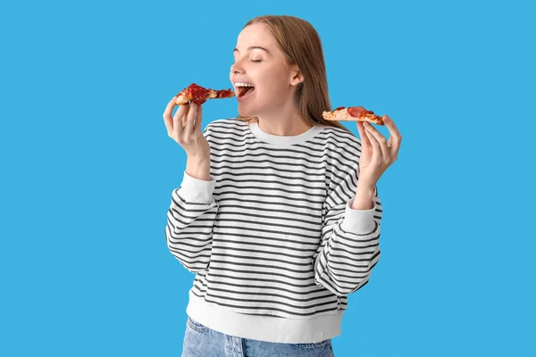 Beautiful Young Woman Eating Fresh Pizza Blue Background — Stock Photo, Image