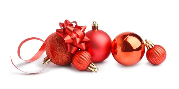 Beautiful Christmas Balls Bow White Background — Stock Photo, Image