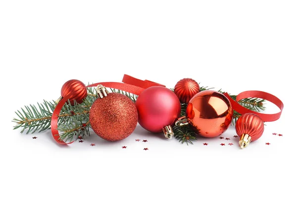 Beautiful Christmas Balls Fir Branches White Background — Stock Photo, Image