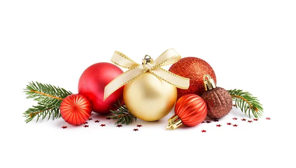 Composition Beautiful Christmas Balls Fir Branches White Background — Stock Photo, Image