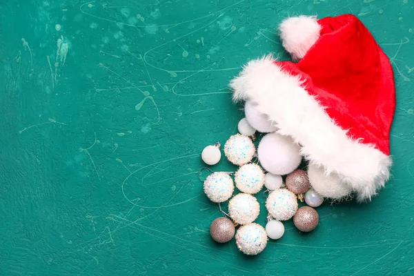 Composition Santa Hat Christmas Balls Color Background — Stock Photo, Image