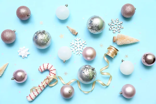 Composition Stylish Christmas Decorations Blue Background — Stock Photo, Image