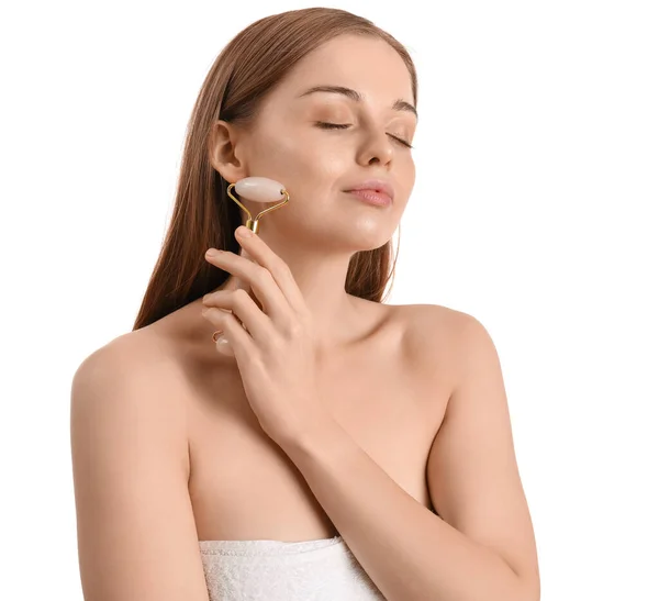 Pretty Young Woman Giving Herself Face Massage Roller White Background — Stock Photo, Image