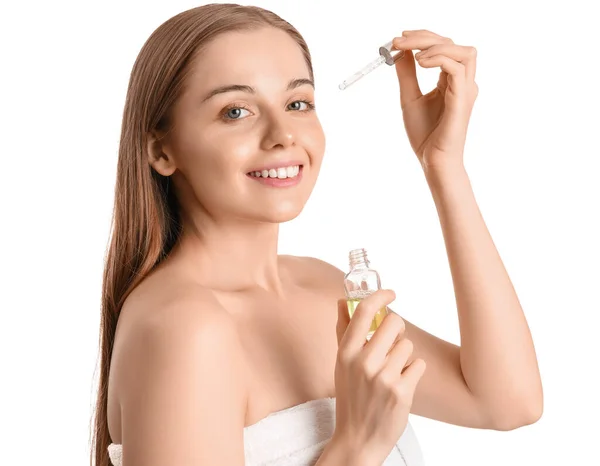 Pretty Young Woman Cosmetic Serum Isolated White — Stock Photo, Image