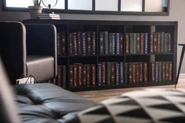 Kütüphanedeki gri duvarın yanında kitaplık