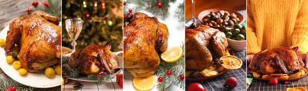 Set of tasty roasted chicken for Christmas dinner on table, closeup