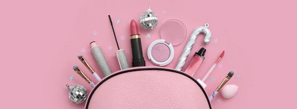 Bag Set Makeup Cosmetics Christmas Decor Pink Background — Stock Photo, Image