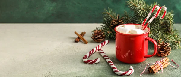 Cup Hot Cocoa Drink Fir Branch Cinnamon Candy Canes Table — Stock Photo, Image